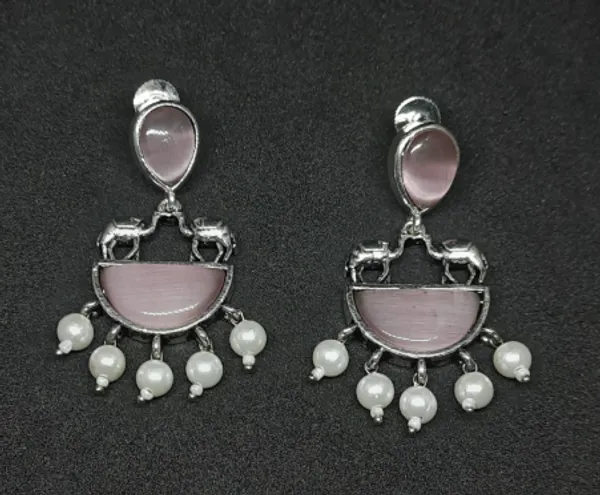 Oxidized_Silver_Disc_Earrings_with_Pink_Stones_&_White_Drops