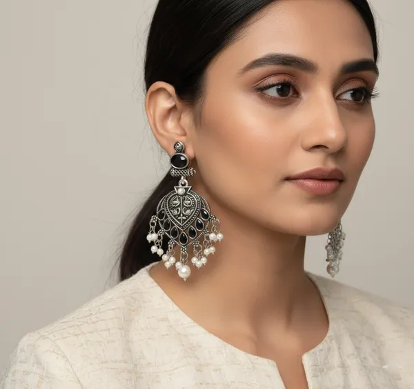 Antique_Oxidized_Chandbali_Earrings_with_Black_Stones_&_Pearl_Drops