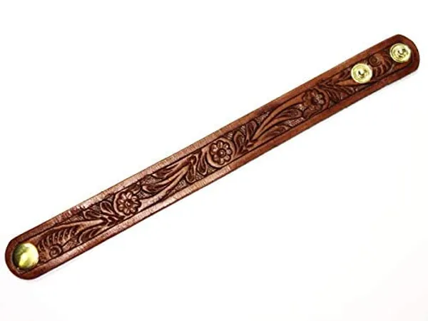 Brown_Top_Grain_Leather_Bracelet,_2_Cm_Wide,_23_Length_Wrist_Band,_Hand_Tooled,_Tan_With_Snap_For_Unisex-Adult