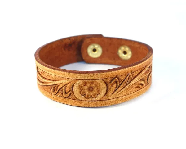 Brown_Top_Grain_Leather_Bracelet,_2_Cm_Wide,_23_Length_Wrist_Band,_Hand_Tooled,_Tan_With_Snap_For_Unisex-Adult