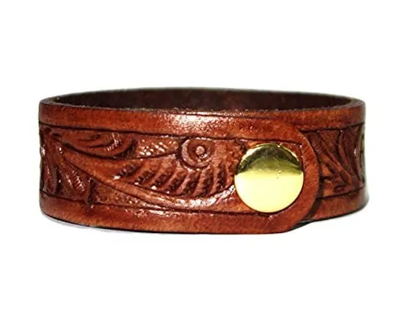 Brown_Top_Grain_Leather_Bracelet,_2_Cm_Wide,_23_Length_Wrist_Band,_Hand_Tooled,_Tan_With_Snap_For_Unisex-Adult