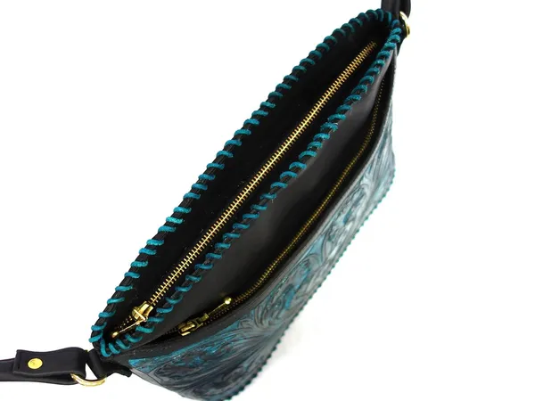 Black_&_Turquoise_Real_Leather_Hand_Crafted_Shoulder_Bag_,_For_Women
