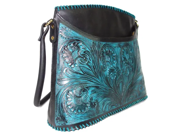 Black_&_Turquoise_Real_Leather_Hand_Crafted_Shoulder_Bag_,_For_Women