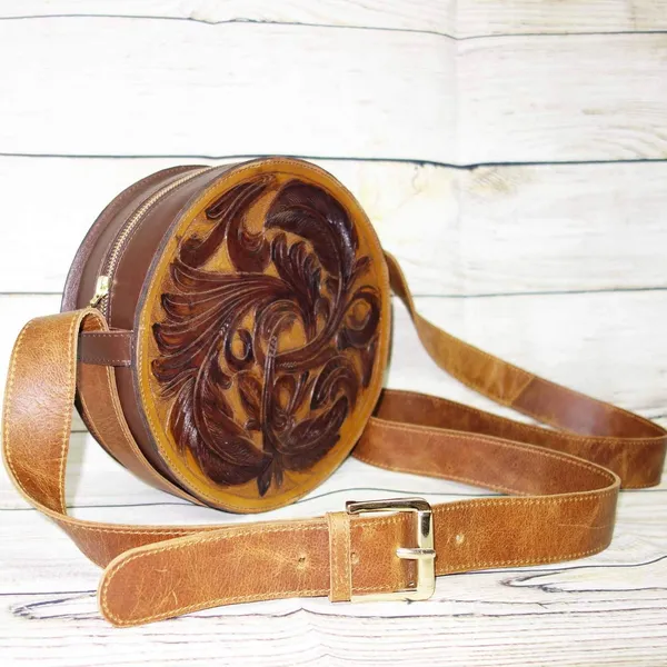 Tan_Brown_Round_Shape_Leather_Crossbody_Sling_Bag,_Handmade,_9X9X3_Inches._For_Brown