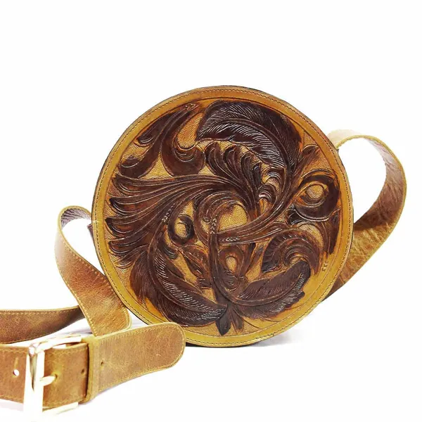 Tan_Brown_Round_Shape_Leather_Crossbody_Sling_Bag,_Handmade,_9X9X3_Inches._For_Brown