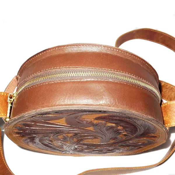Tan_Brown_Round_Shape_Leather_Crossbody_Sling_Bag,_Handmade,_9X9X3_Inches._For_Brown