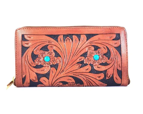 Brown_Leather_Wallet_Purse_,_Hand_Tooled,_Black_With_Semi-Precious_Stone_For_Women
