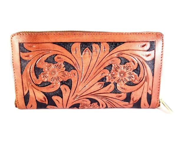 Brown_Leather_Wallet_Purse_,_Hand_Tooled,_Black_With_Semi-Precious_Stone_For_Women