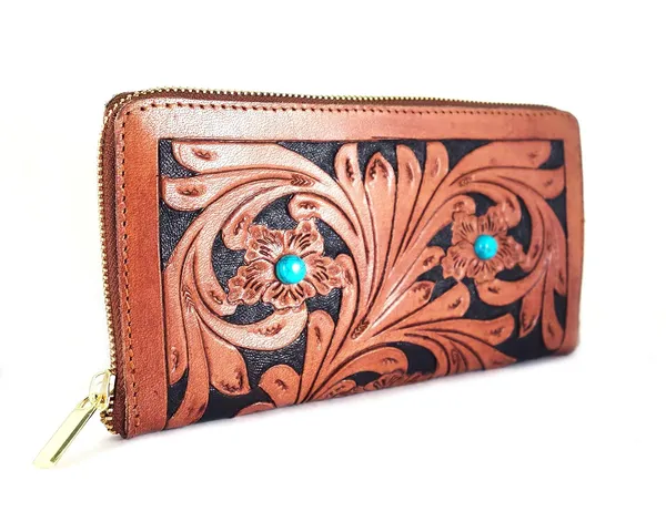 Brown_Leather_Wallet_Purse_,_Hand_Tooled,_Black_With_Semi-Precious_Stone_For_Women