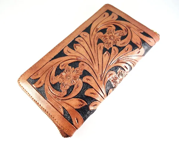 Brown_Leather_Wallet_Purse_,_Hand_Tooled,_Black_With_Semi-Precious_Stone_For_Women