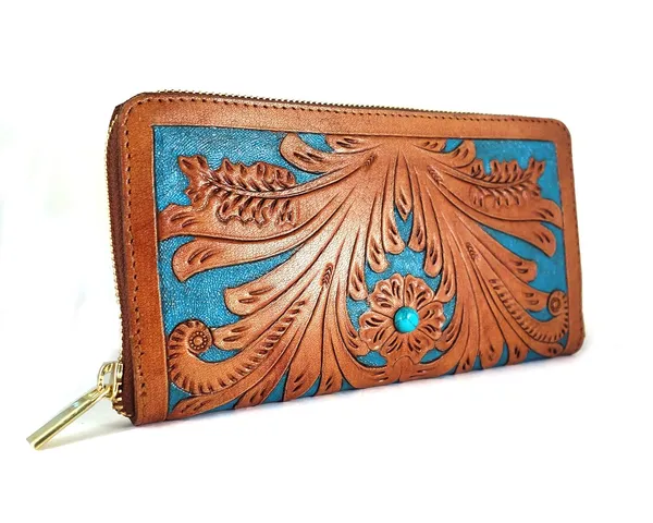 Brown_Turquoise_Leather_Wallet_Purse_,_Hand_Tooled,_With_Semi-Precious_Stone_For_Women