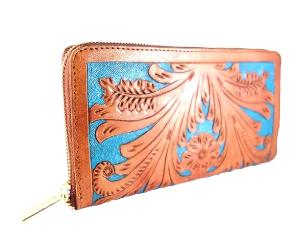 Brown_Turquoise_Leather_Wallet_Purse_,_Hand_Tooled,_With_Semi-Precious_Stone_For_Women