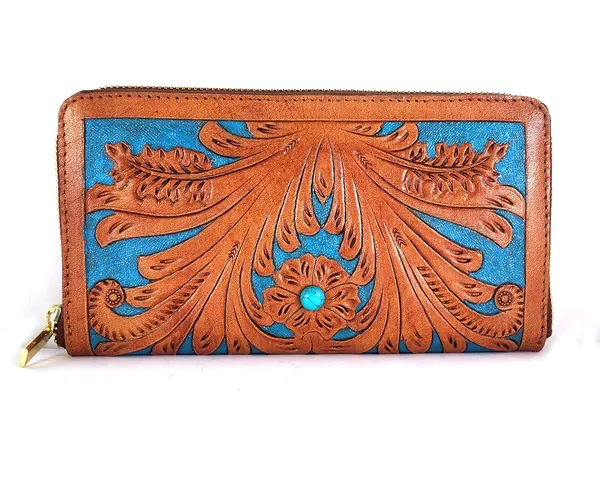 Brown_Turquoise_Leather_Wallet_Purse_,_Hand_Tooled,_With_Semi-Precious_Stone_For_Women