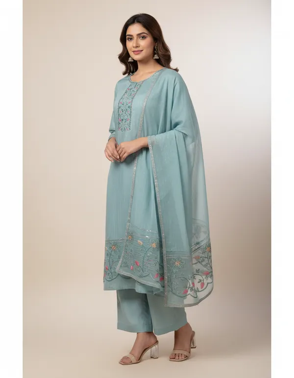 Dusty_Blue_Kurti_With_Palazzo_&_Pant_Set_Festive_Wear