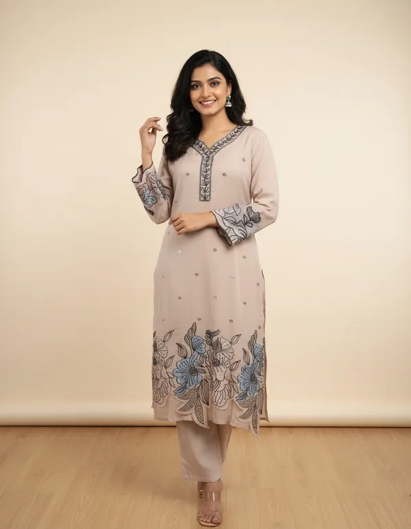 Beige_Anarkali_Kurti_With_Pant_Set_Elegant_Style