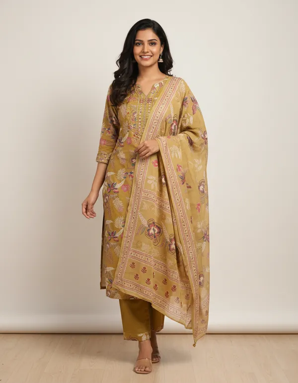 Khaki_Kurti_With_Plazo_&_Pant_Set_Daily_Wear