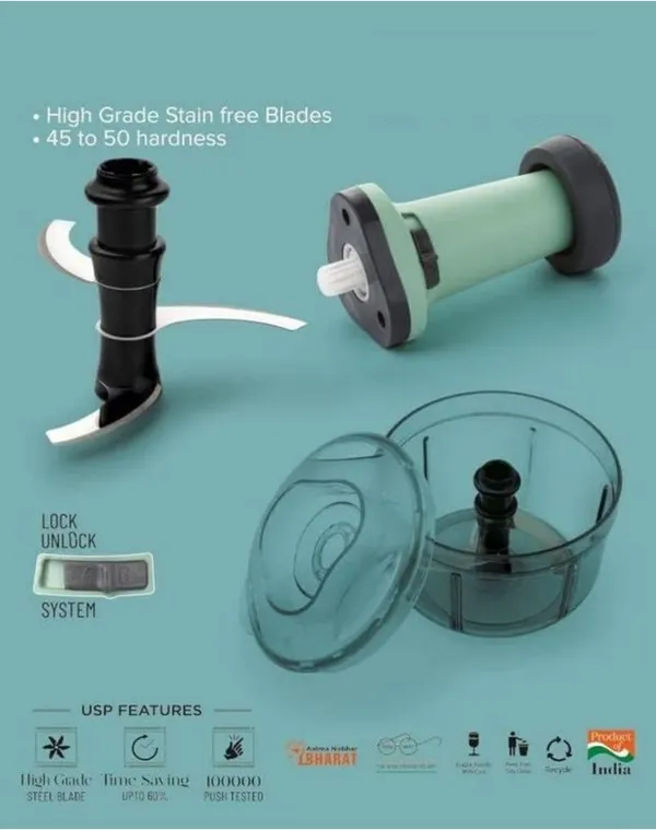 Manual_Food_Chopper_with_Push_Handle,_650ml_Transparent_Container,_Sage_Green,_with_2_Blades