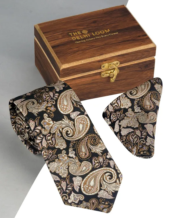 Black_Gold_Regal_Dusk_Paisley_Micro_Silk_Woven_Jacquard_Necktie_Gift_Set_With_Wooden_Box__Classic_Wide_Width_9_Cm