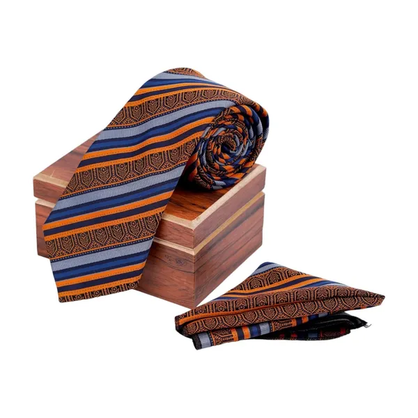 Blue_Orange_Copper_Crest_Striped_Micro_Silk_Jacquard_Tie__Pocket_Square_Set__8_Cm_Wide_Necktie_