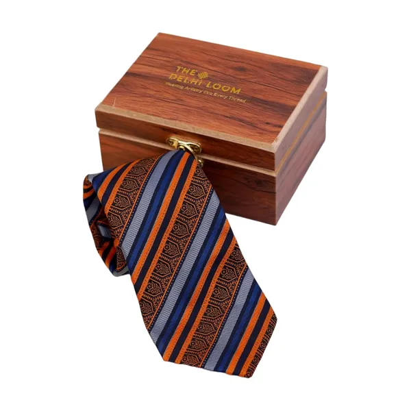 Blue_Orange_Copper_Crest_Striped_Micro_Silk_Jacquard_Tie__Pocket_Square_Set__8_Cm_Wide_Necktie_