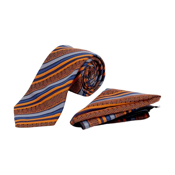 Blue_Orange_Copper_Crest_Striped_Micro_Silk_Jacquard_Tie__Pocket_Square_Set__8_Cm_Wide_Necktie_