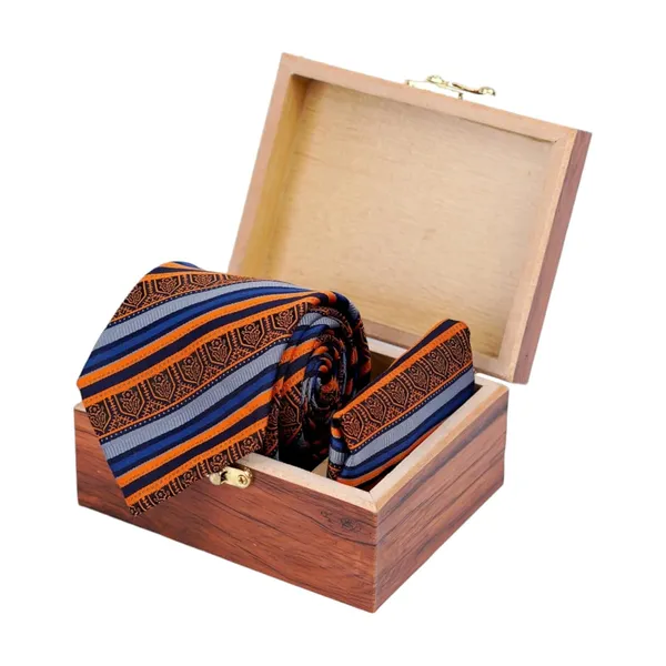 Blue_Orange_Copper_Crest_Striped_Micro_Silk_Jacquard_Tie__Pocket_Square_Set__8_Cm_Wide_Necktie_