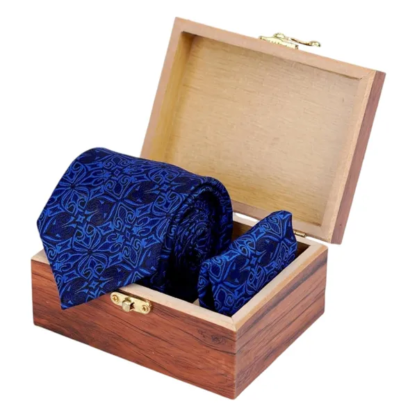 Royal_Blue_Sapphire_Arabesque_Micro_Woven_Jacquard_8_Cm_Necktie_Set_With_Pocket_Square_And_Premium_Wooden_Gift_Box_Suitable_For_Formal_And_Party_Wear