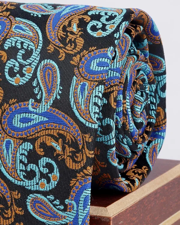 Black_Royal_Blue_Turquoise_Orange_Mens_Baroque_Blue_Microfiber_Silk_Woven_Jacquard_Tie_Pocket_Square_Set_With_Wooden_Gift_Box_