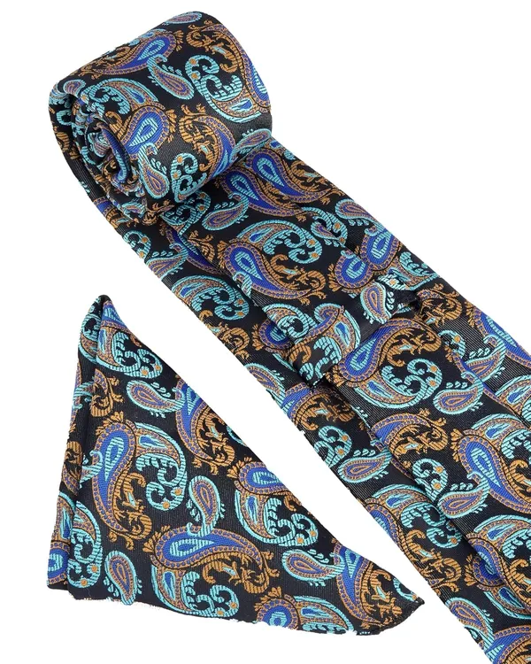 Black_Royal_Blue_Turquoise_Orange_Mens_Baroque_Blue_Microfiber_Silk_Woven_Jacquard_Tie_Pocket_Square_Set_With_Wooden_Gift_Box_
