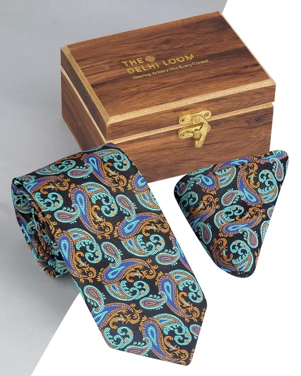 Black_Royal_Blue_Turquoise_Orange_Mens_Baroque_Blue_Microfiber_Silk_Woven_Jacquard_Tie_Pocket_Square_Set_With_Wooden_Gift_Box_