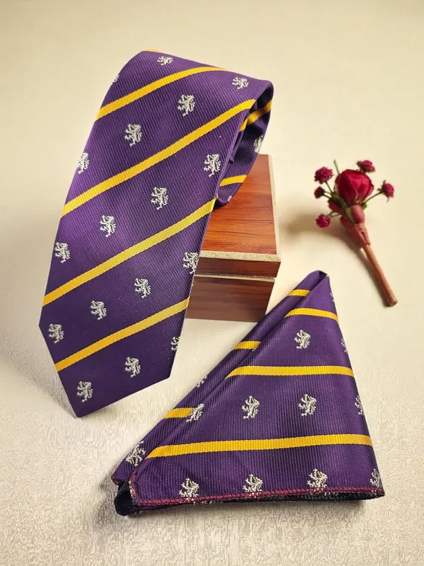 Purple_Yellow_Gold_Mens_Micro_Silk_Tie_Set_With_Lion_Crest_Motif_Regal_Stripe__Premium_Quality_Vintage_Wide_Width_9_Cm_