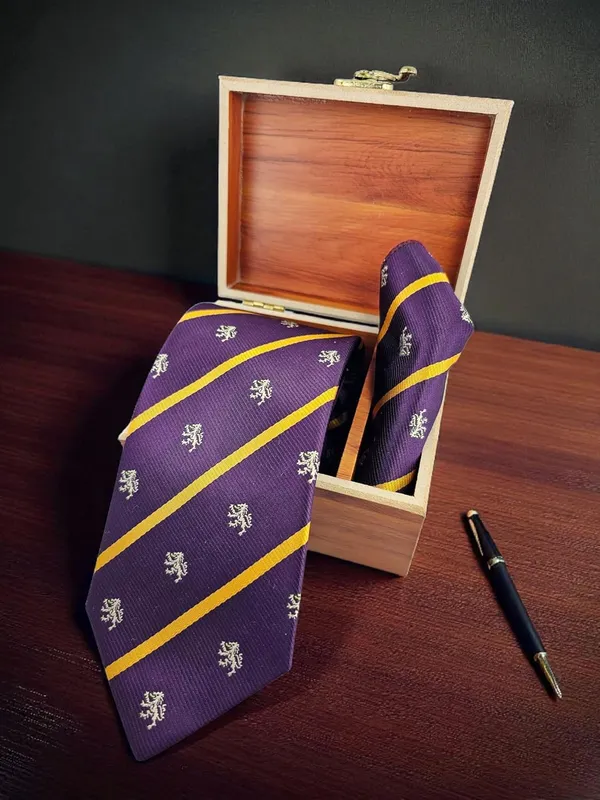 Purple_Yellow_Gold_Mens_Micro_Silk_Tie_Set_With_Lion_Crest_Motif_Regal_Stripe__Premium_Quality_Vintage_Wide_Width_9_Cm_