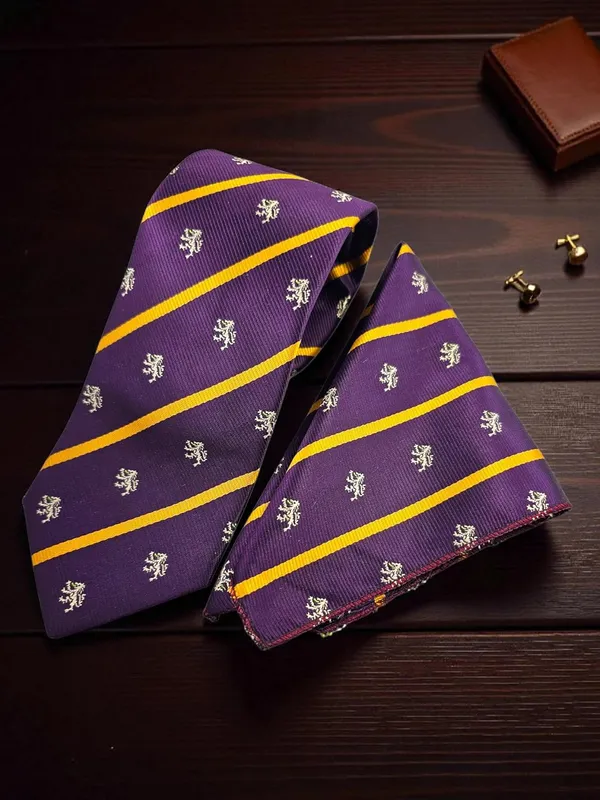 Purple_Yellow_Gold_Mens_Micro_Silk_Tie_Set_With_Lion_Crest_Motif_Regal_Stripe__Premium_Quality_Vintage_Wide_Width_9_Cm_