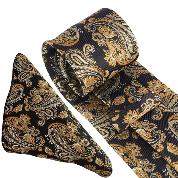 Black_Gold_Ebony_Paisley_Mens_Micro_Silk_Tie_Pocket_Square_Set_With_Wooden_Gift_Box__Modern_Width_8_Cm_