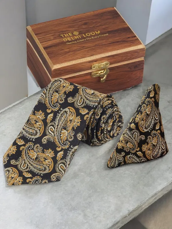 Black_Gold_Ebony_Paisley_Mens_Micro_Silk_Tie_Pocket_Square_Set_With_Wooden_Gift_Box__Modern_Width_8_Cm_