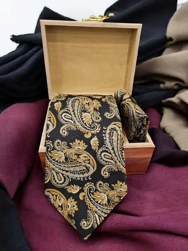 Black_Gold_Ebony_Paisley_Mens_Micro_Silk_Tie_Pocket_Square_Set_With_Wooden_Gift_Box__Modern_Width_8_Cm_