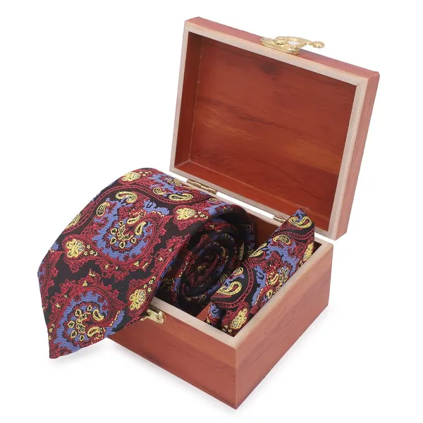 Black_Red_Blue_Gold_Imperial_Paisley_Mens_Woven_Tie_Pocket_Square_Set_9_Cm_Width_With_Wooden_Gift_Box