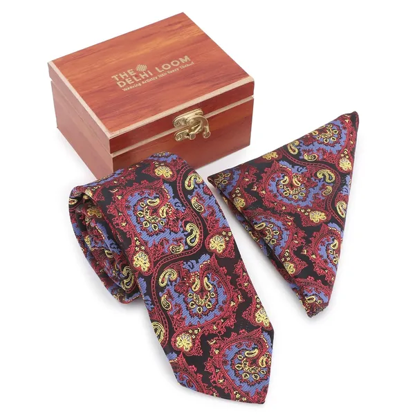 Black_Red_Blue_Gold_Imperial_Paisley_Mens_Woven_Tie_Pocket_Square_Set_9_Cm_Width_With_Wooden_Gift_Box