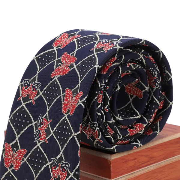 Navy_Blue_Red_Mens_Grid_Butterfly_Microfiber_Tie_Pocket_Square_Set_With_Wooden_Box_