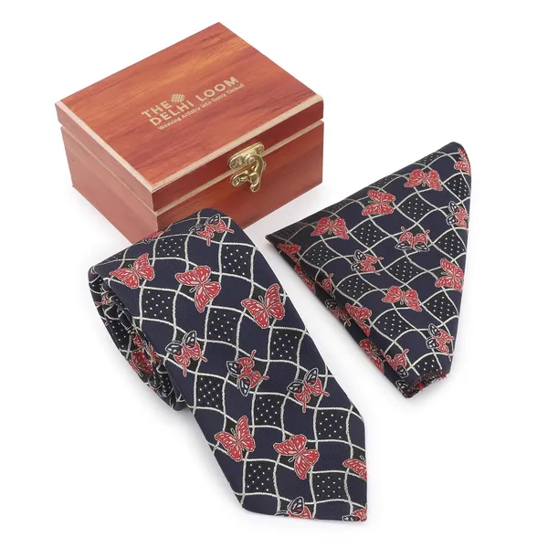 Navy_Blue_Red_Mens_Grid_Butterfly_Microfiber_Tie_Pocket_Square_Set_With_Wooden_Box_
