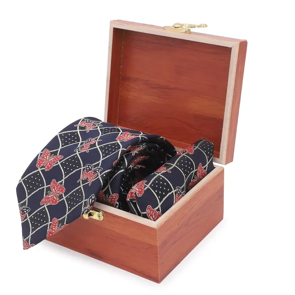Navy_Blue_Red_Mens_Grid_Butterfly_Microfiber_Tie_Pocket_Square_Set_With_Wooden_Box_