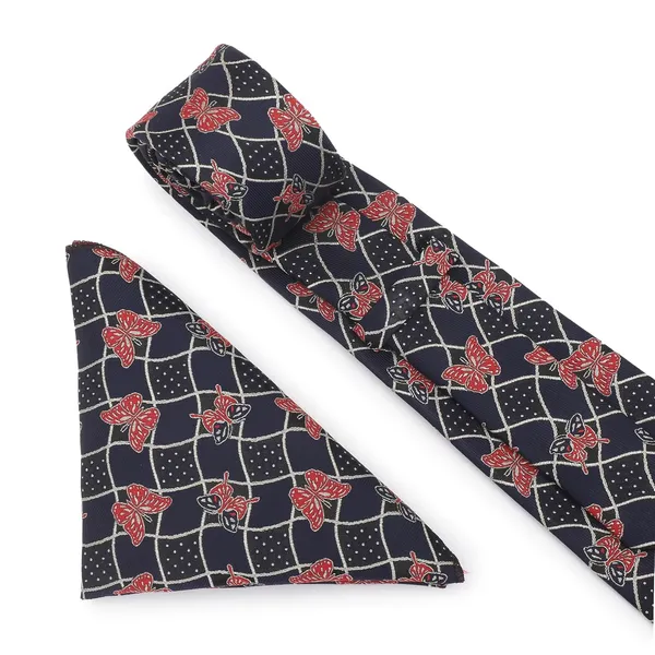 Navy_Blue_Red_Mens_Grid_Butterfly_Microfiber_Tie_Pocket_Square_Set_With_Wooden_Box_