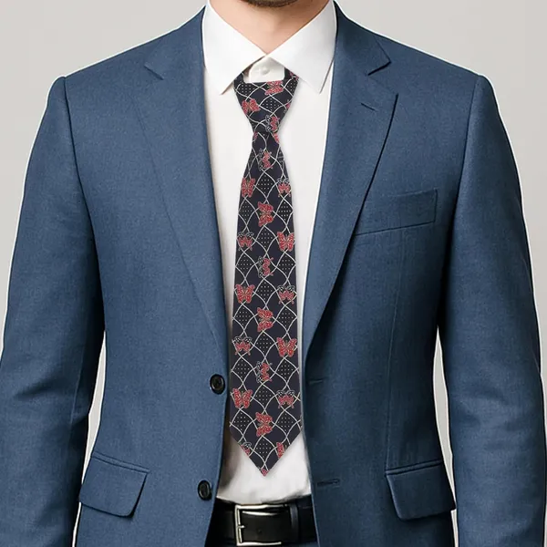 Navy_Blue_Red_Mens_Grid_Butterfly_Microfiber_Tie_Pocket_Square_Set_With_Wooden_Box_