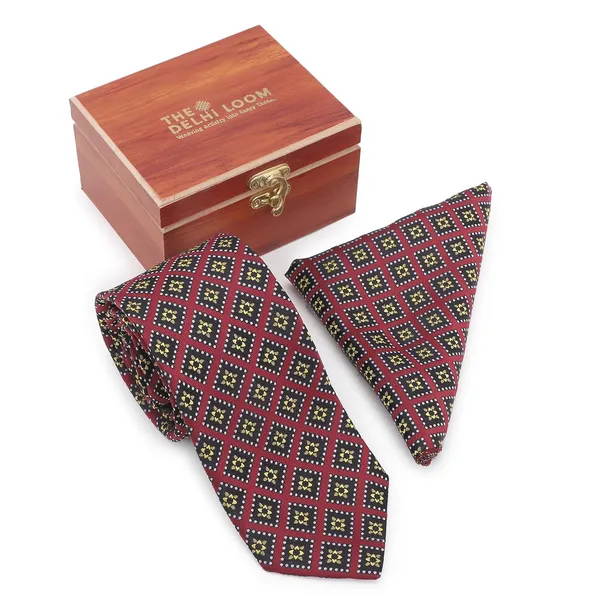 Regal_Maroon_Geo_Grid_Mens_Micro_Silk_Tie_Pocket_Square_Set_In_Wooden_Gift_Box