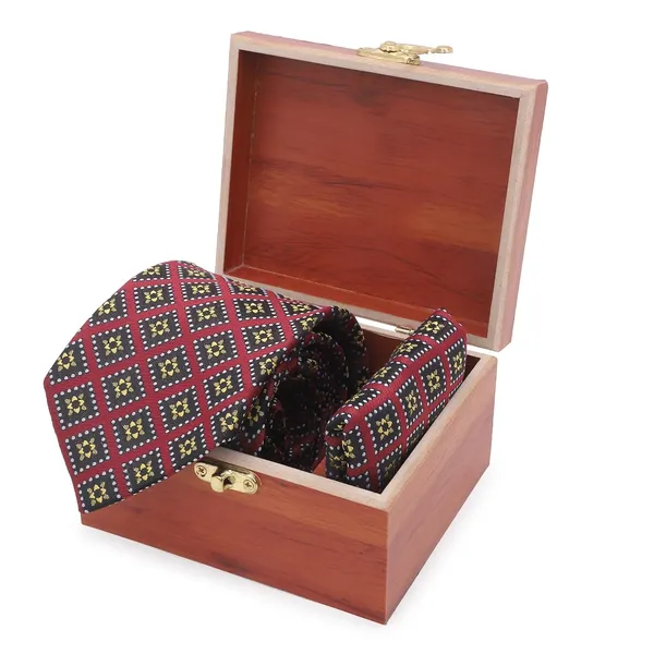 Regal_Maroon_Geo_Grid_Mens_Micro_Silk_Tie_Pocket_Square_Set_In_Wooden_Gift_Box