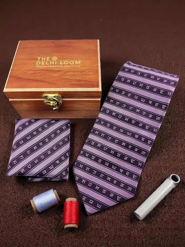 Purple_Onion_Pink_Punjab_Legacy_Gurmukhi_Design_Mens_Micro_Silk_Tie_Pocket_Square_Gift_Set_In_Wooden_Box_Wide_Width_9_Cm