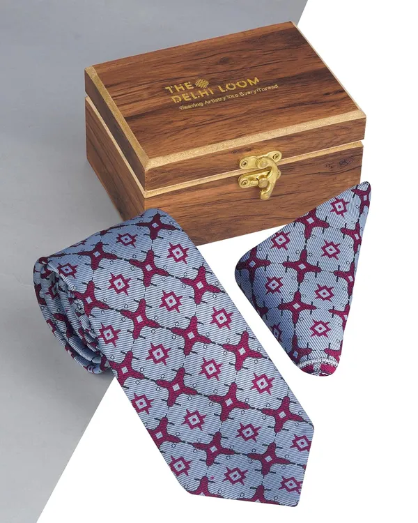 Light_Blue_Maroon_Motif_Mens_Micro_Woven_Tie_Pocket_Square_Set_9_Cm_Vintage_Wide_Width_