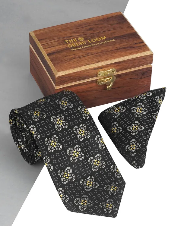 Black_Gold_Noir_Gold_Medallion_Mens_Micro_Silk_Tie_Set_With_Pocket_Square_Wooden_Gift_Box