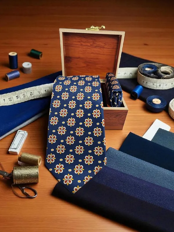 Oxford_Blue_Mustard_Cream_Medallion_Micro_Silk_Tie_Pocket_Square_Set_In_Wooden_Gift_Box
