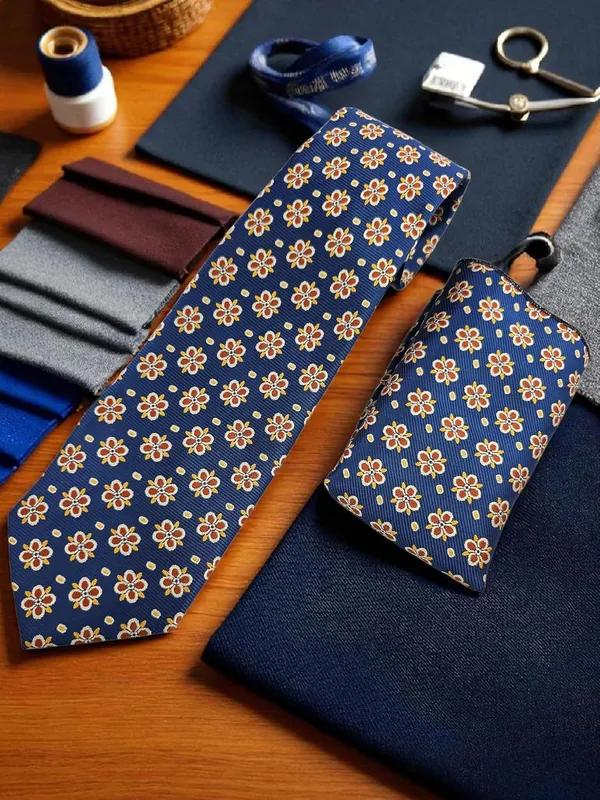 Oxford_Blue_Mustard_Cream_Medallion_Micro_Silk_Tie_Pocket_Square_Set_In_Wooden_Gift_Box